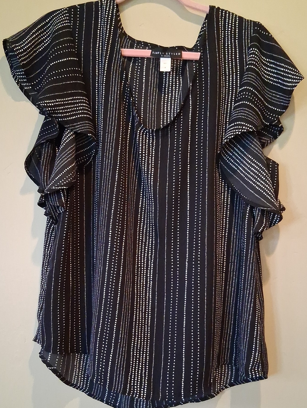 Simply Styled Black Blouse with White Pinstripe Dots and Ruffle Sleeves